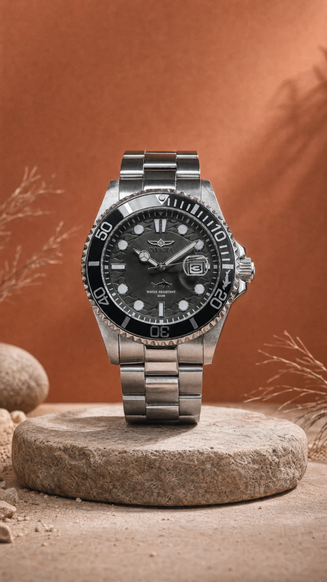 Reloj Invicta de acero sobre una piedra